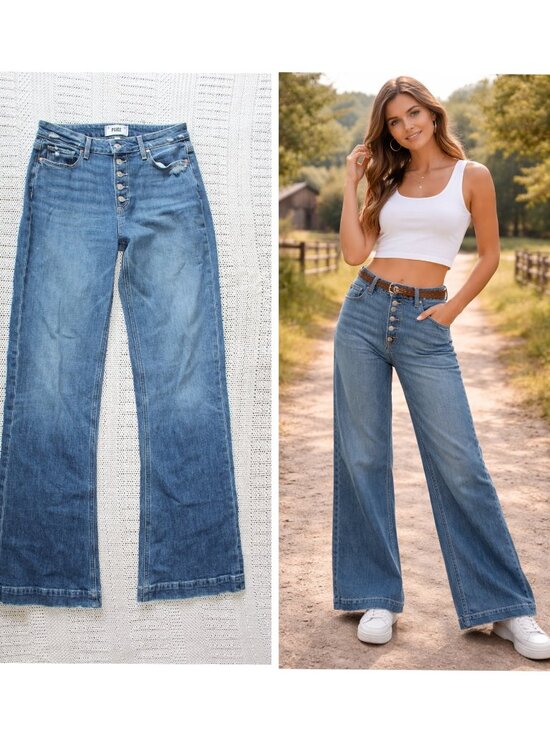 PAIGE Denim - Paige Leenah Wide Leg Jeans W26/ L35 button fly Denim High Rise Bootcut Casual